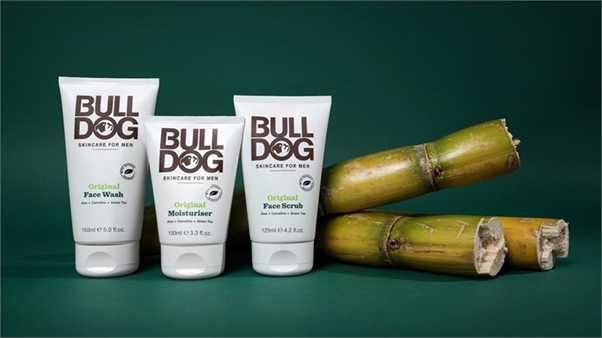 Bulldog Skincare Bioplastic Bottles on Green Backdrop