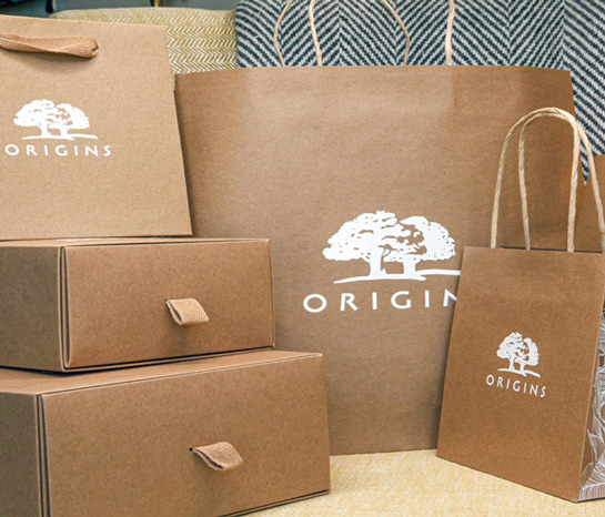 Origins Brown Paper Bags and Cardboard Box Packaging