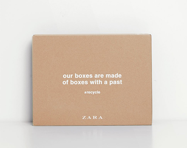Zara Cardboard Box Packaging with Sustainability Statement Print